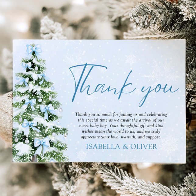 Tarjeta de agradecimiento de Navidad con árbol de  (Blue Bows Christmas Tree Winter Thank you card)