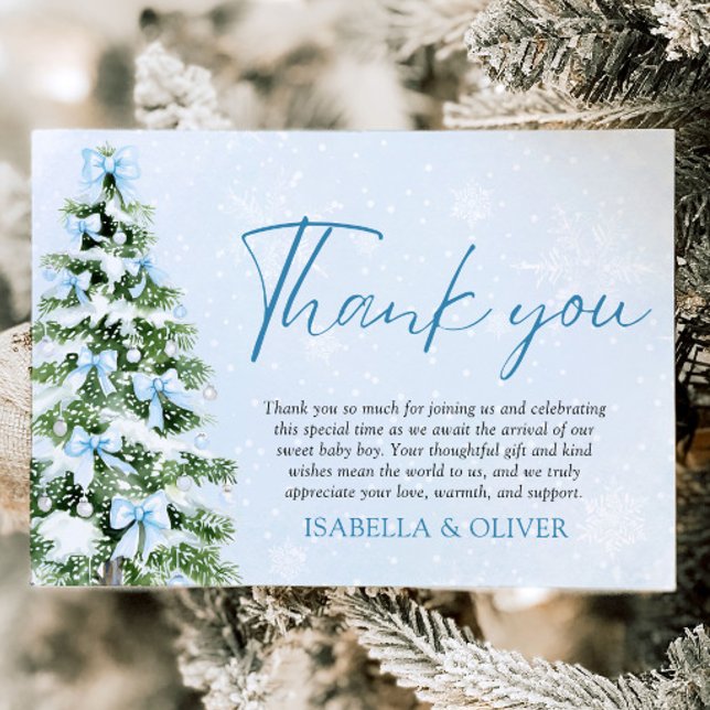 Tarjeta de agradecimiento de Navidad con árbol de  (Blue Bows Christmas Tree Winter Thank you card)