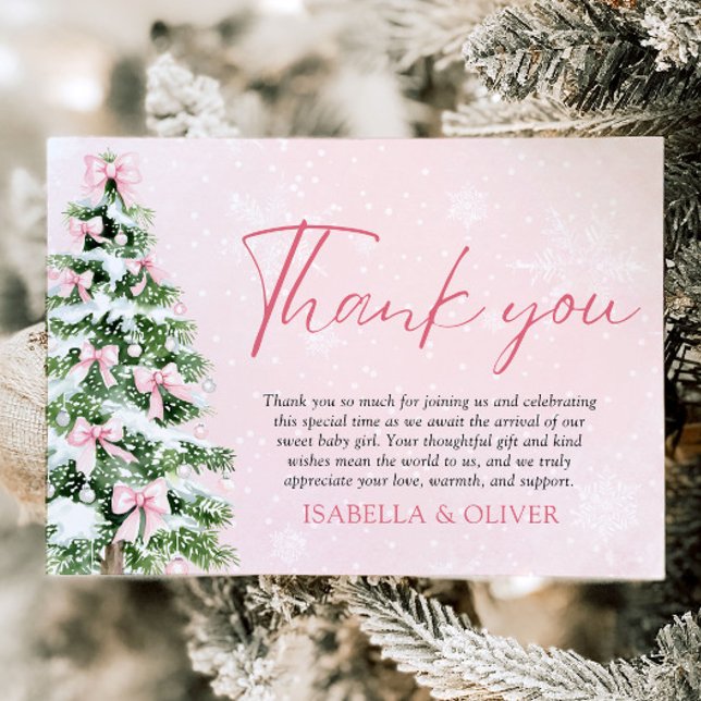 Tarjeta de agradecimiento de Navidad con árbol de  (Pink Bows Christmas Tree Winter Thank you card)