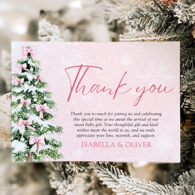 Tarjeta de agradecimiento de Navidad con árbol de  (Pink Bows Christmas Tree Winter Thank you card)