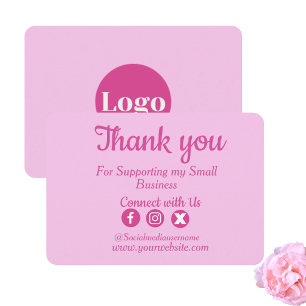 Tarjeta de agradecimiento de negocio rosa con logo