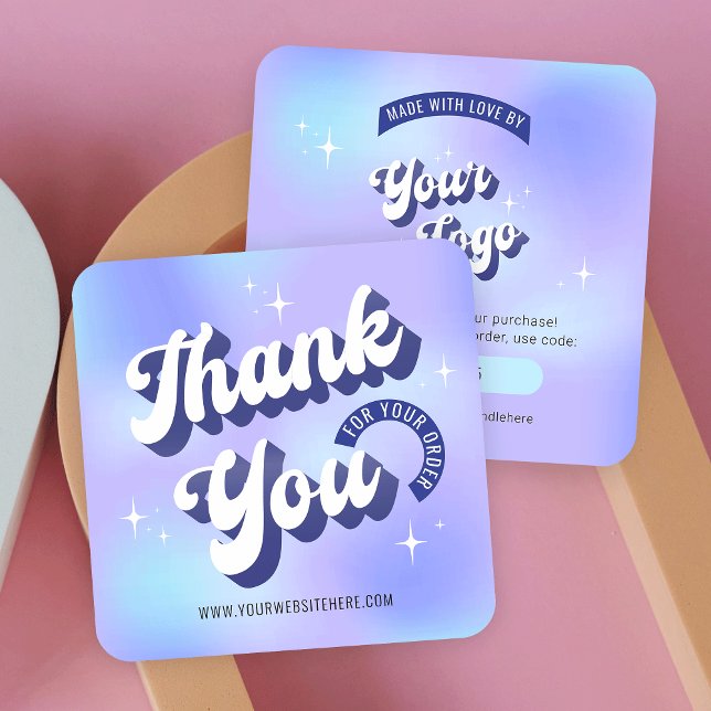 Tarjeta de agradecimiento de negocios Groovy Holog (Retro style thank you for order cards with groovy fonts in blue and purple)