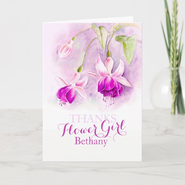 Tarjeta de agradecimiento de niña de flores fucsia (Anverso)