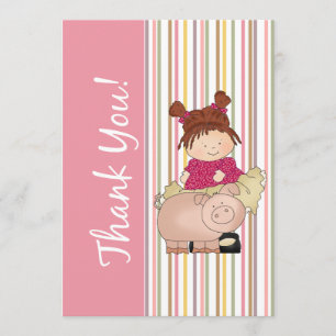 Tarjeta de agradecimiento de niña y cerdo plana