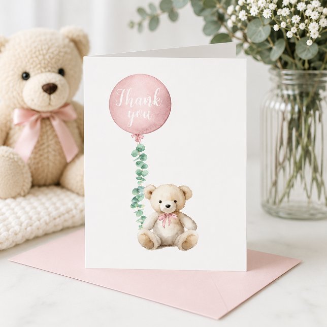 Tarjeta de agradecimiento de osito de peluche rosa (Pink Balloon Thank You Card)
