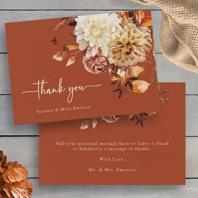 Tarjeta de agradecimiento de otoño de terracota (Rustic Terracotta Watercolor Autumn Floral Thank You Card by Painted Paperie
)