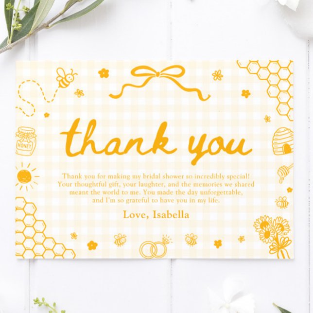 Tarjeta de agradecimiento de panal de abeja de mie (Yellow Gingham Honey Bee Honeycomb Thank You Card)