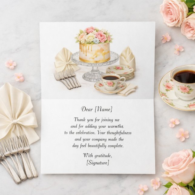 Tarjeta de agradecimiento de pastel de cumpleaños  (Elegant Premium Thank You Card with Watercolor Cake & Coffee Artwork and Inside Message Template)