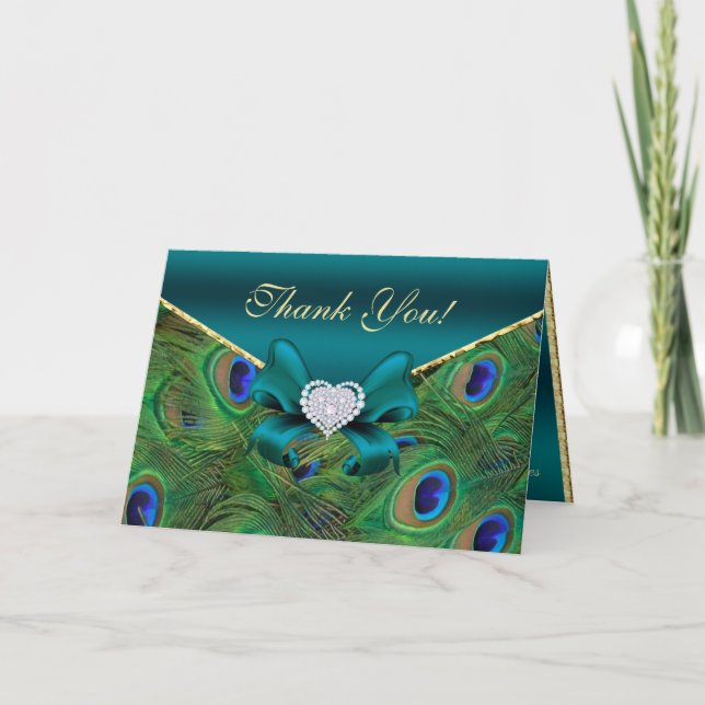 Tarjeta de agradecimiento de pavo real verde azula (Anverso)