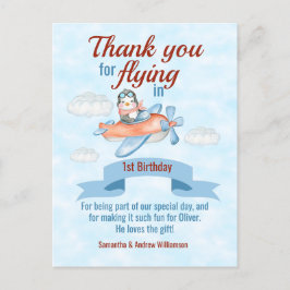 Tarjeta de agradecimiento de Penguin Airplane Blue