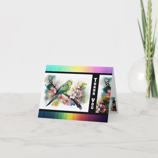 Tarjeta de agradecimiento de periquito y flores de (Anverso)