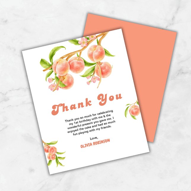 Tarjeta de agradecimiento de primer cumpleaños de  (Budget One Sweet Peach 1st Birthday Thank You Card )