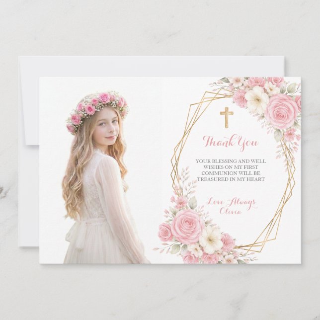 Tarjeta de agradecimiento de Primera Comunión flor (Anverso)