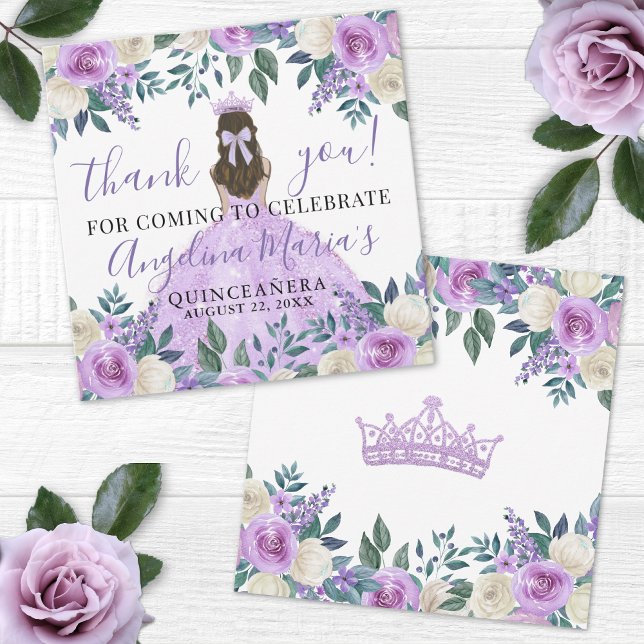 Tarjeta De Agradecimiento De Quinceanera Floral Pú (Purple Floral Quinceanera Thank You Card )