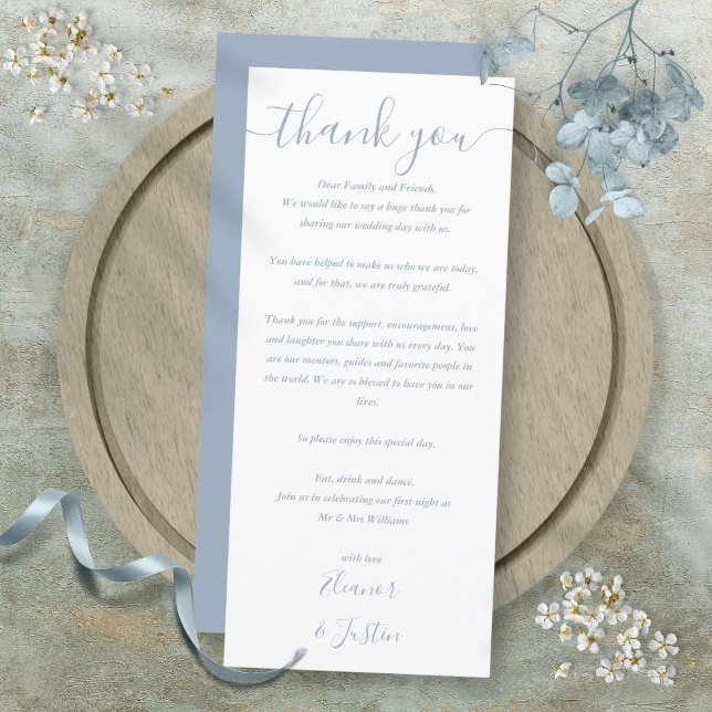 Tarjeta de agradecimiento de recepción de boda azu (Dusty Blue Wedding Reception Thank You Place Card)