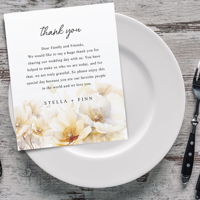 Tarjeta de agradecimiento de recepción de boda de  (White Gold Flower Thank You Wedding Reception Card)