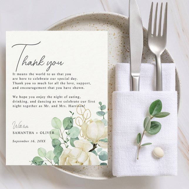Tarjeta de agradecimiento de recepción de magnolia (Magnolia Eucalyptus Thank You Reception Card)