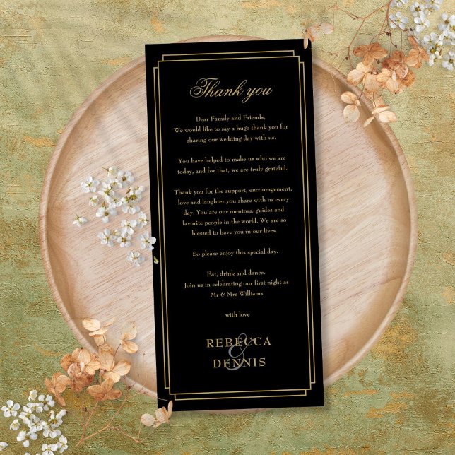 Tarjeta de agradecimiento de recepción en negro y  (Black And Gold Reception Thank You Place Card)