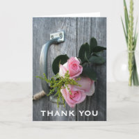 Tarjeta de agradecimiento de rosas rosadas y puert