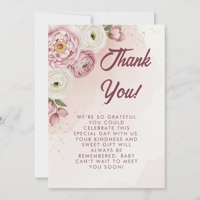 Tarjeta de agradecimiento de Rubor Floral Baby Sho (Anverso)