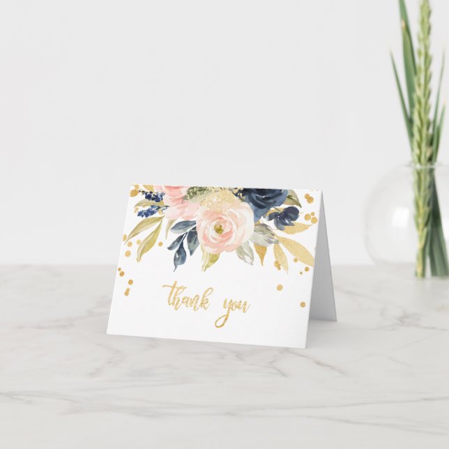 Tarjeta de agradecimiento de Rubor Pink, Navy Gold (Anverso)