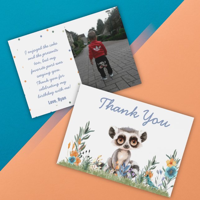 Tarjeta de agradecimiento de Safari (Safari Jungle Personalizable Photo Colorful Watercolor Flowers Monkey Birthday Thank You Card)