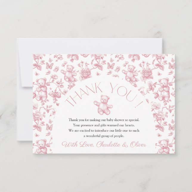 Tarjeta de agradecimiento de Teddy Bear Pink Toile (Anverso)