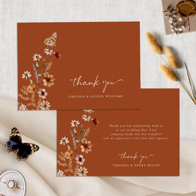 Tarjeta de agradecimiento de Terracotta Boho Boda (Terracotta Boho Floral Wedding Thank You Card with Butterfly by Painted Paperie
)