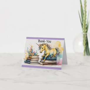 Tarjeta de agradecimiento de unicornio y libros