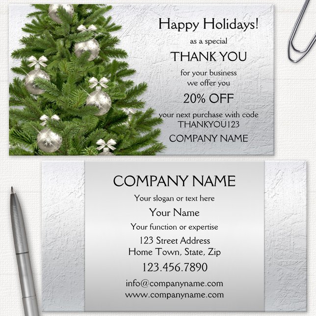 Tarjeta de agradecimiento de vacaciones de Silver  (Christmas Holidays Thank You business card featuring a tree with silver baubles and bows)