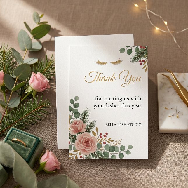 Tarjeta de agradecimiento de vacaciones para técni (Lash Tech Holiday Thank You Card Botanical Christmas)