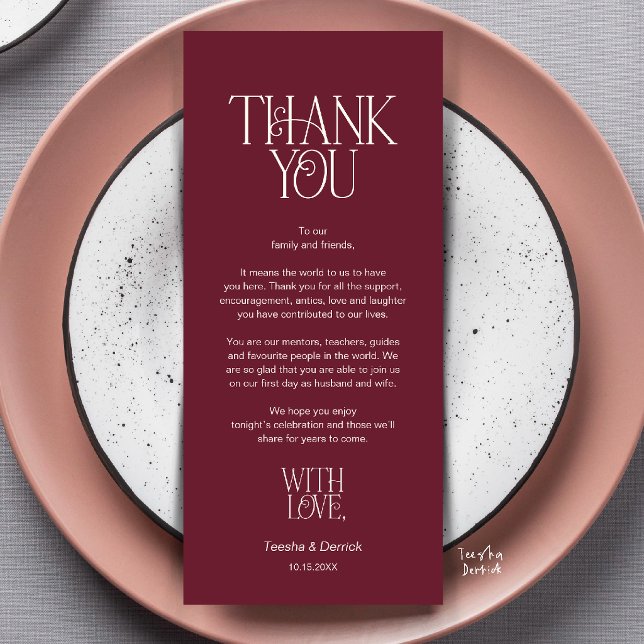 Tarjeta de agradecimiento de vino tinto para la co (Modern Minimalist Wedding Dinner Place Setting Thank You Burgundy Wine Red Card)