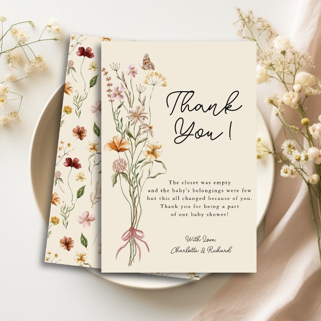 Tarjeta de agradecimiento de Wildflower Boho Flora (Wildflower Boho Floral Baby Shower Thank You Card)
