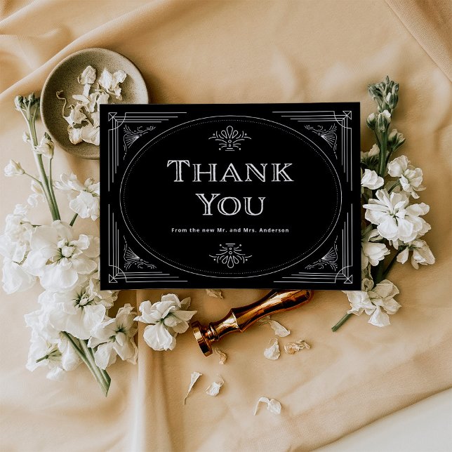 Tarjeta De Agradecimiento Deco moderno | Elegante Boda blanco y negro onyx (Subido por el creador)