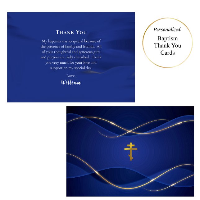 Tarjeta De Agradecimiento Deep Blue Metallic Gold Orthodox Christian Baptism (Subido por el creador)