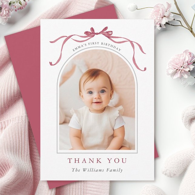 Tarjeta De Agradecimiento Deep Blush Pink Bow Simple Birthday Photo  (Subido por el creador)