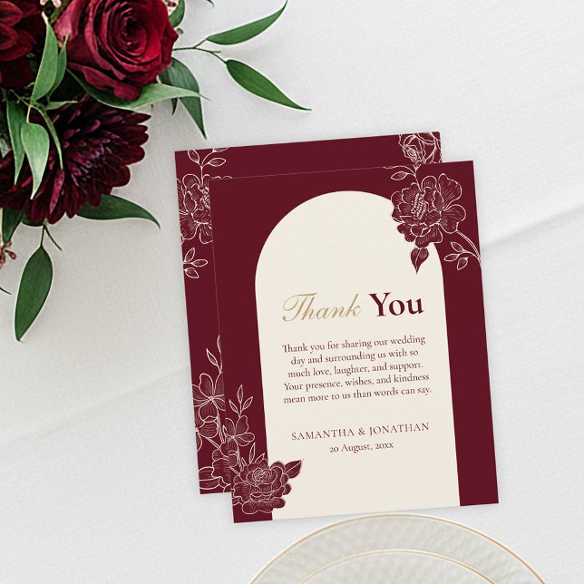 Tarjeta De Agradecimiento Deep Burgundy Floral Arch Wedding Thank You Card (Deep Burgundy Floral Line Art with Ivory Arch Wedding Thank you Card)