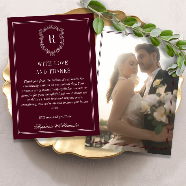 Tarjeta De Agradecimiento Deep Burgundy Ivory Crest Old Money Photo Wedding (Subido por el creador)