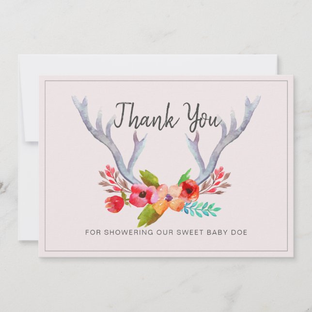 Tarjeta De Agradecimiento Deer Antlers Floral Doe Baby Shower Gracias Tarjet (Anverso)