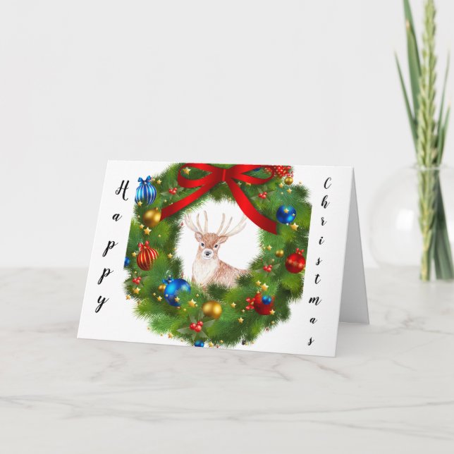 Tarjeta De Agradecimiento Deer looking through a Christmas Wreath (Anverso)