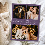 Tarjeta de agradecimiento del Boda de Collage de f<br><div class="desc">Presupuesto, Moderno, Elegante "Amor y Gracias" Script Mauve Boda 3 Collage de fotos Gracias Tarjeta Delgada De Bajo Presupuesto. Puede actualizar para que esta tarjeta se imprima en el material de cartón. Con tres (3) fotos en la parte delantera y una (1) en la parte trasera. Con el texto "Amor...</div>
