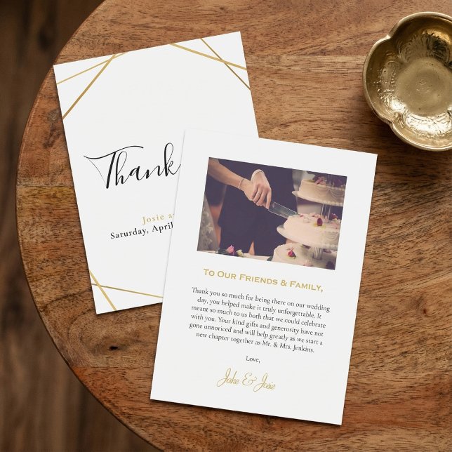 Tarjeta de agradecimiento del boda de fotos geomét (Gold geometric photo wedding thank you card.)