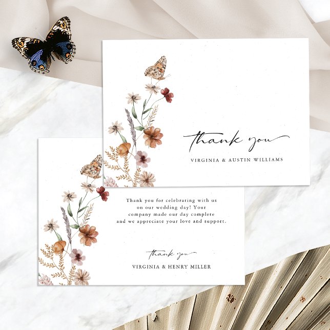 Tarjeta de agradecimiento del Boda del Boho Blanco (White Boho Floral Wedding Thank You Card with Butterfly by Painted Paperie
)
