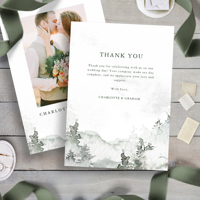Tarjeta de agradecimiento del bosque de acuarela (Green and White Simple Minimalist Watercolor Forest Thank You Card
)
