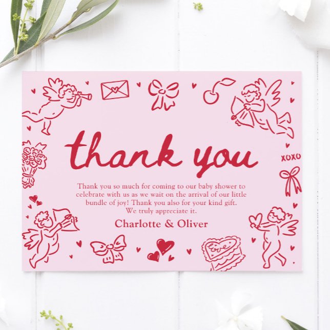 Tarjeta de agradecimiento del Día de San Valentín  (Pink Red Hand Drawn Valentine Sweetheart Thank you card)