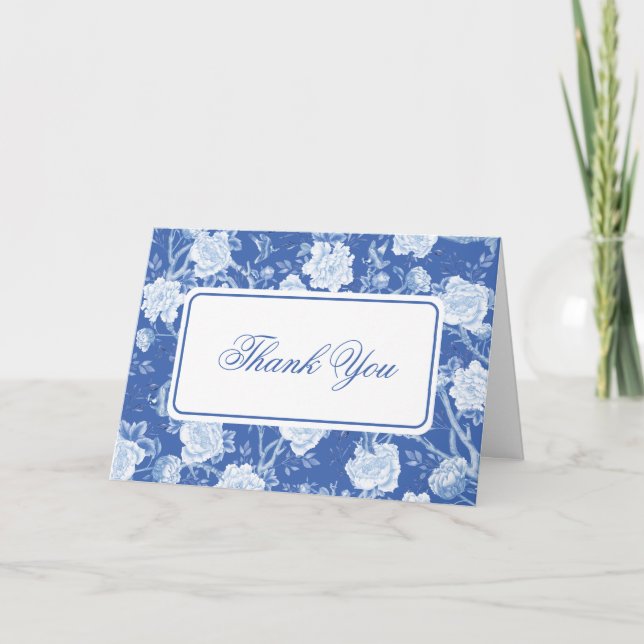 Tarjeta De Agradecimiento Delft Blue Chinoiserie Flower Bird Toile (Anverso)