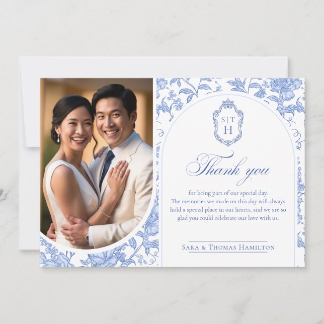Tarjeta De Agradecimiento Delft Blue Floral Chinoiserie Monogram Wedding (Anverso)