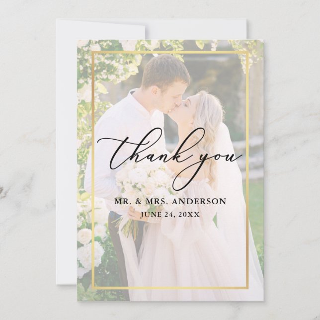 Tarjeta De Agradecimiento Delicada caligrafía Boda 2 Foto Oro overlay (Anverso)