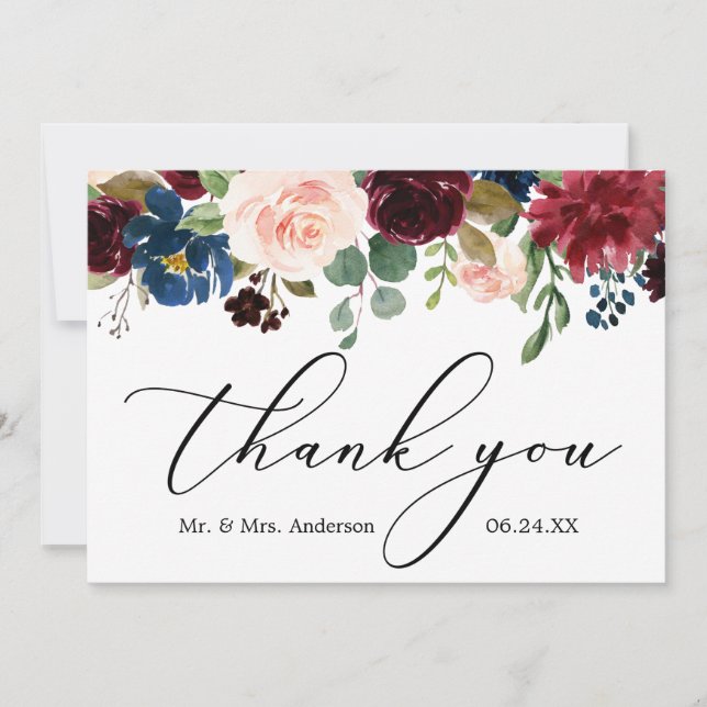 Tarjeta De Agradecimiento Delicada caligrafía Borgoña Azul Boda Floral (Anverso)