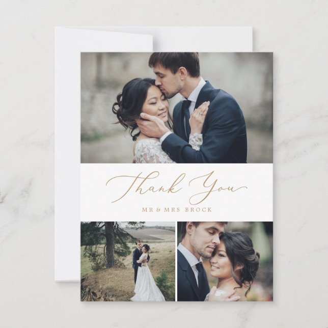 Tarjeta De Agradecimiento Delicada caligrafía de oro 3 Collage de fotos (Anverso)